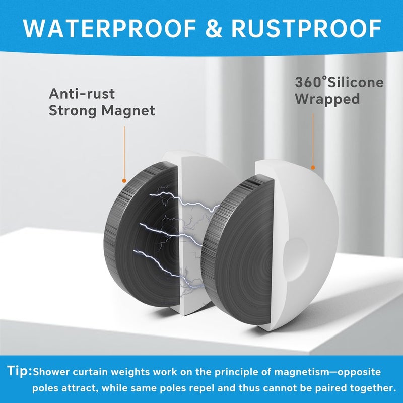 MtMinn Shower Curtain Weights - Silicone Fully Wrapped Rustproof Shower Curtain Magnets, No Sew, Waterproof, Anticollision - Heavy Outdoor Weighted Clips for Drapery, Tablecloth, Flag (4 Pairs) - Image 3
